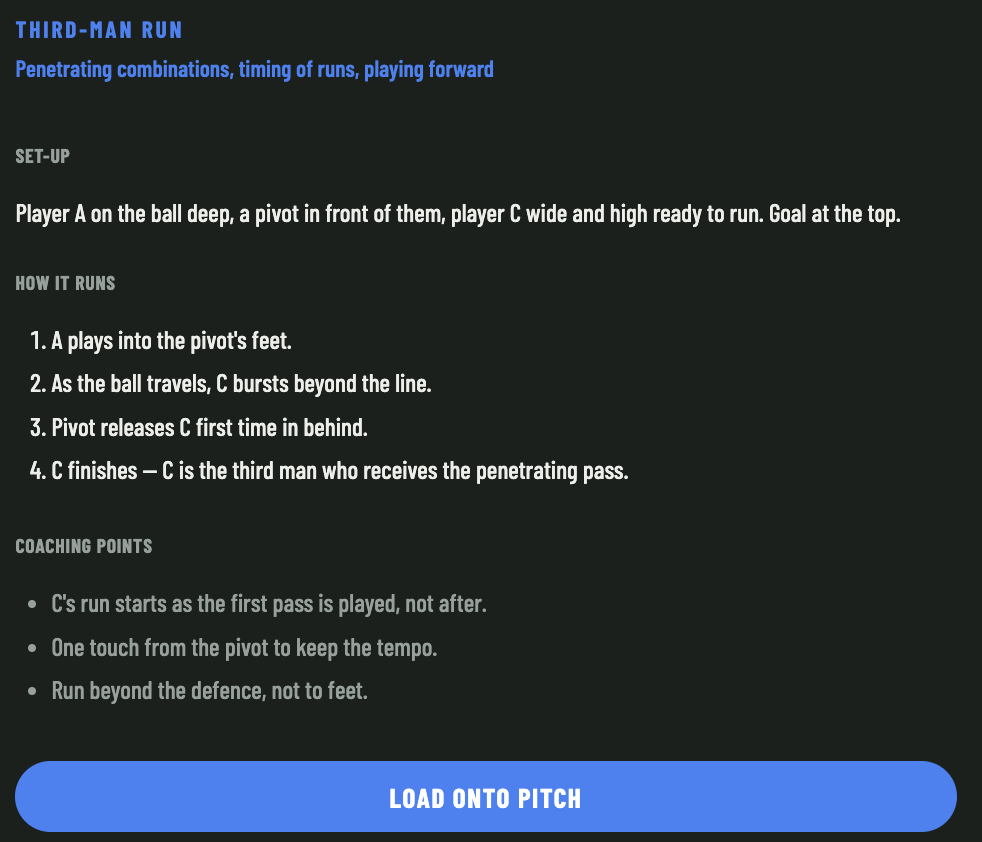 Drills planner with cones, players and passing lines drawn on the pitch