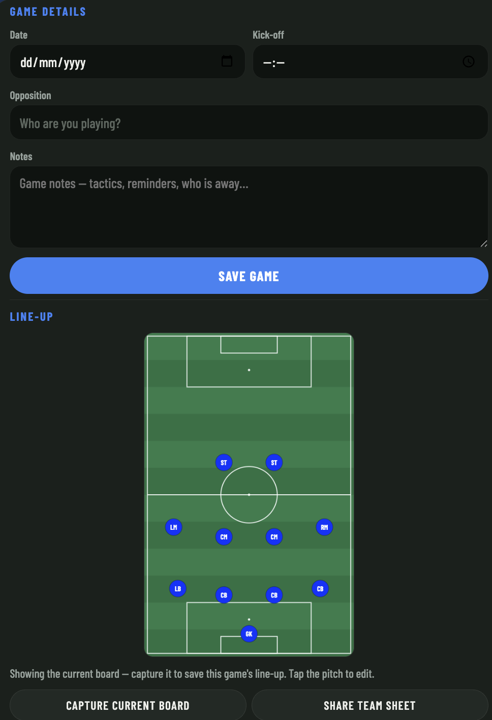 Game details sheet with date, kick-off, opposition, notes and a captured line-up