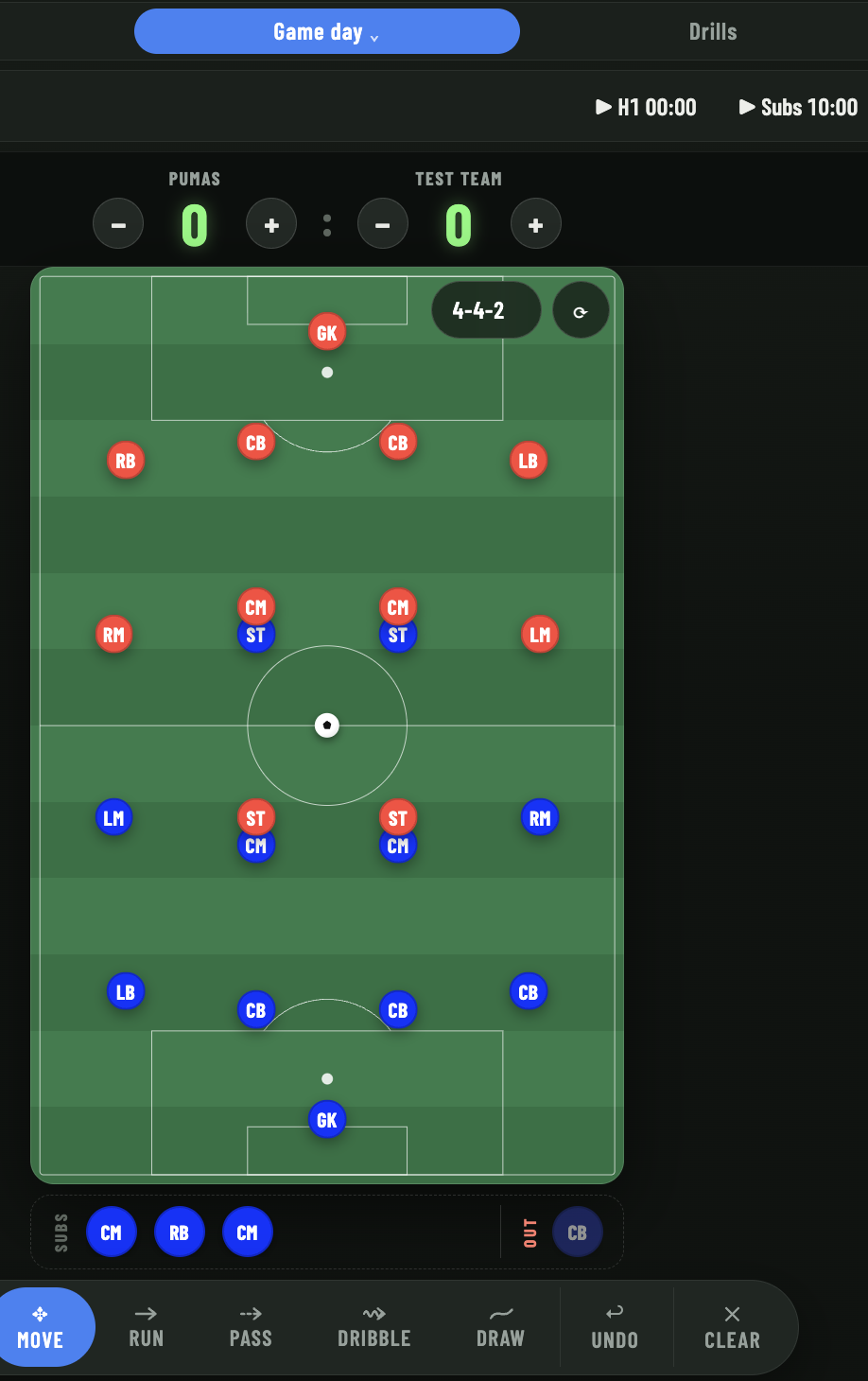 Game day pitch view with the squad in a 4-4-2, bench and drawing toolbar