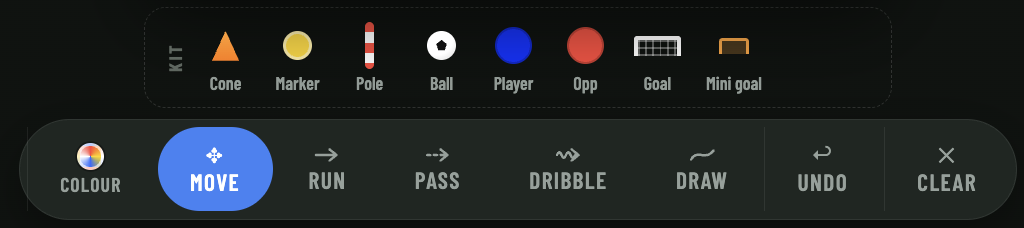 Kit tray with cones, markers, poles, balls, players and goals above the drawing toolbar